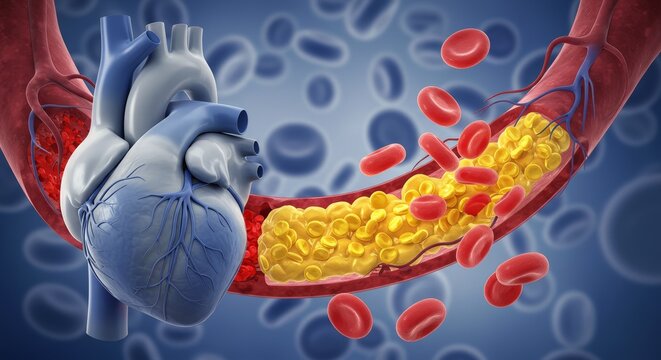 Photorealistic rendering of a human heart with cholesterol plaque buildup