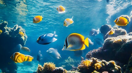 Naklejka premium Fish swim among coral reefs in clear blue water underwater scene.