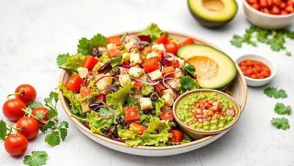 Fresh Vegetarian Salad with Guacamole and Homemade Salsa - Healthy Eating Concept