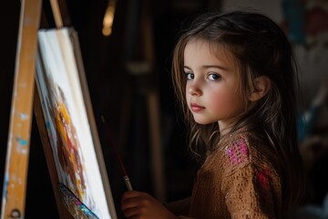 Young artist engrossed in painting a vibrant scene.
