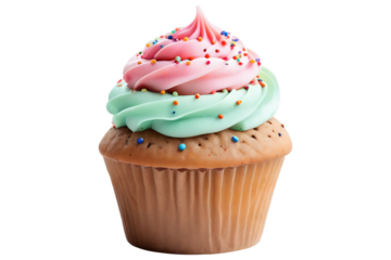 Colorful Cupcake with Pink and Mint Frosting Topped with Sprinkles on a Brown Background (108 characters)