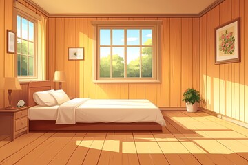 Cozy Minimalist Bedroom Interior with Soft Natural Light and Wooden Decor