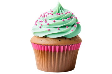 Cupcake with Mint Frosting and Pink Sprinkles in Pink Wrapper - Close Up