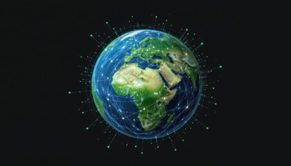 Fototapeta premium Global connectivity visualized earth with digital network overlays abstract design dark background technology concept
