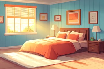Modern Cozy Bedroom Interior Design Illustration with Orange Decor and Wooden Furniture