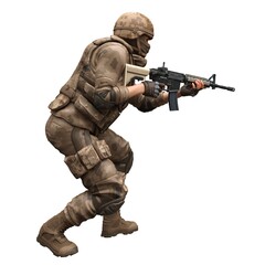 Soldier with a machine gun isolated white background 3d illustration
