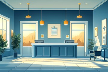 Fototapeta premium Modern Office Reception Interior Design. Bright, Professional, Healthcare-Friendly Waiting Area with Blue Walls and Contemporary Decor