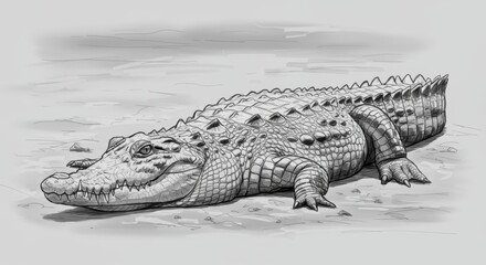 Obraz premium Black and White Sketch of a Sunbathing Crocodile