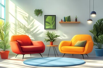 Modern Furniture & Interior Design. Bright Colors and Plants in a Vibrant, Cozy Living Room