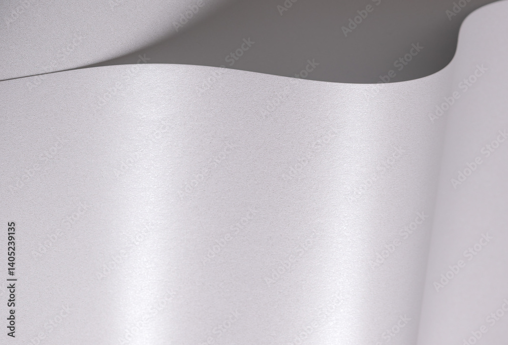 Poster Pearlescent satin paper background with a smooth, glossy texture and folded curves. Cool silver and pale grey tones create a sleek, elegant, and luxurious abstract design with a soft shimmer and.