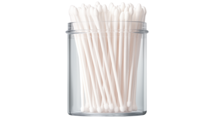 Clear jar filled with white cotton swabs on black background