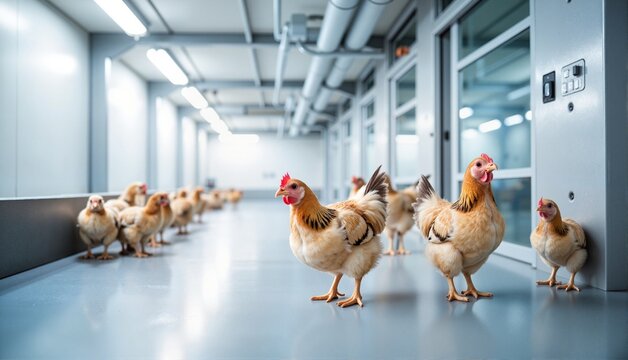 Three feathered chickens exploring a modern indoor poultry farming facility with bright lighting, sustainable living concept of organic farming or egg production