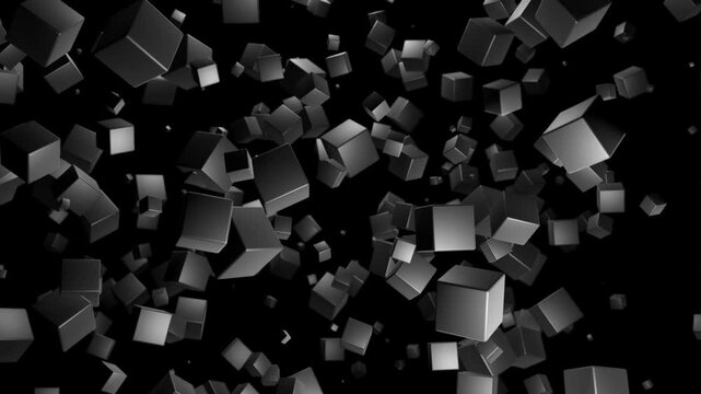 3d abstract dark geometric background with gray cubes flash with multicolor neon light in 4k randomly. Smooth looped animation. Cubes fly in the air. Creative simple motion design bg with 3d objects.