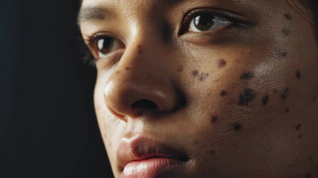Close-up of a Woman's Face with Hyperpigmentation Spots, Brown Eyes, and Glossy Lips on Dark Background