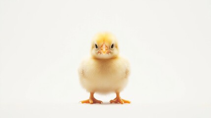 Obraz premium Close-up of a fluffy yellow chick against a pristine white backdrop creates a charming photograph
