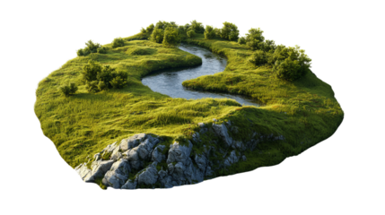 PNG of A serene landscape featuring a winding river surrounded by lush greenery and rocky outcrops, evoking tranquility.