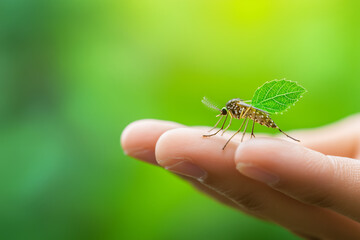 Mosquito on a Leaf: A close-up shot of a mosquito delicately perched on a small green leaf resting on a person's fingertip, against a softly blurred green background.
