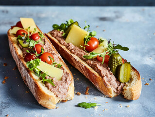 sliced very long baguette spread with liver pâté. in a wide V shape,The sandwich covered liver pâté and garnished with cherry tomatoes, salad greens, microgreens, pickles, and cheese slices, studio