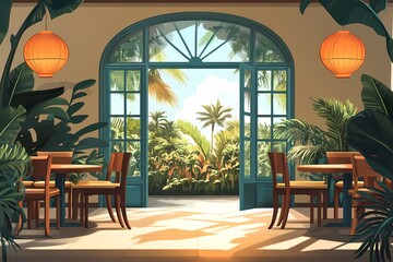 Tropical Interior Restaurant with Sunset View. Cozy Dining Area with Palm Trees and Modern Design
