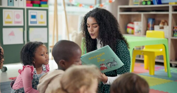 Woman, teacher and reading lesson with book in nursery for storytelling, education or learning at elementary school. Female person, educator or kids with story for listening activity at kindergarten