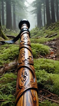 Hand Carved Wooden Didgeridoo in Forest Landscape with Mossy Ground and Tall Trees in Atmospheric Haze Background