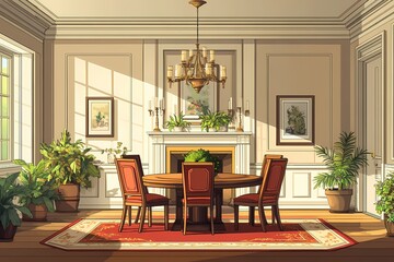 Traditional Dining Room Interior Design. Elegant Home Decor with Chandelier, Stylish Furniture & Inviting Natural Light