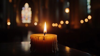 Illuminated candle in a dimly lit church.