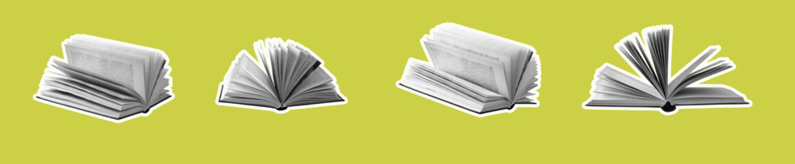 Open book with pages turned, symbolizing knowledge and education. Collection of literature, textbooks, and philosophy for students, researchers, and readers. Modern, literary design for studying,.