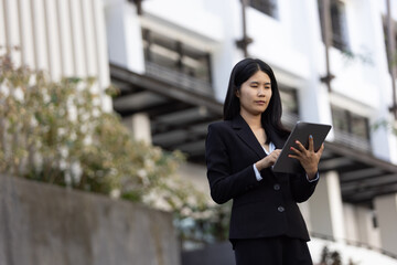 Future remote work combines technology smart phone digital business woman enable e-learning...