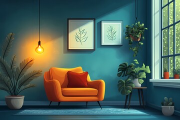 Elegant Modern Living Space with Vibrant Plant Decor and Warm Lighting - A Cozy Interior Design Featuring Minimalist Art, Comfortable Furniture, and Nature-Inspired Ambiance