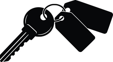 Black silhouette of a key attached to a keyring with two blank tags, symbolizing security, ownership, and identification
