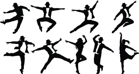Silhouettes of nine energetic dancers in dynamic poses, featuring stylish hats and formal attire in a lively performance