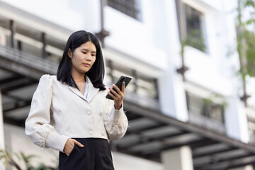 Future remote work combines technology smart phone connection online white digital business woman...