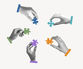 Puzzle pieces connecting, symbolizing teamwork, business collaboration, and partnership. Hands...