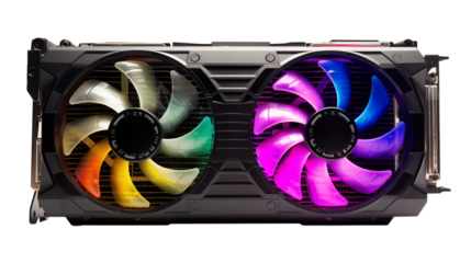 Close up of a graphics card with colorful led lit fans