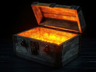 Vintage open wooden chest with a glowing light inside on a black background