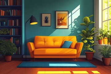 Modern Colorful Living Room with Cozy Sofa, Plants, and Bright Natural Light - Interior Design and Home Decoration Inspiration