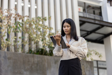 Future remote work combines technology smart phone connection online white digital business woman...