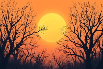 Sunset Silhouette. Tranquil Orange Sky and Trees in a Serene, Vibrant Nature Scene with Mystical Dusk Atmosphere
