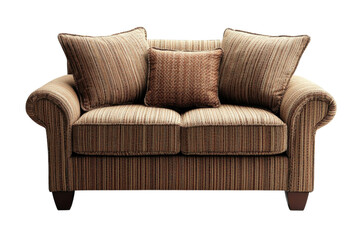 Elegant brown striped loveseat with plush pillows perfect for cozy living rooms dark background detailed texture