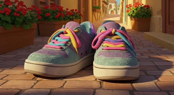 Colorful Sneakers on a Sunny Cobblestone Street