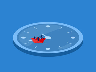 Time, travel, businessman leader sailing on a clock