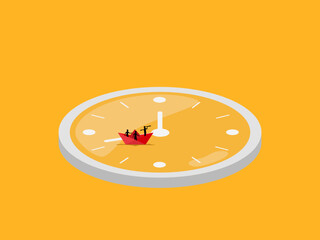 Travel and lack of time, visionary businessman sailing on a clock