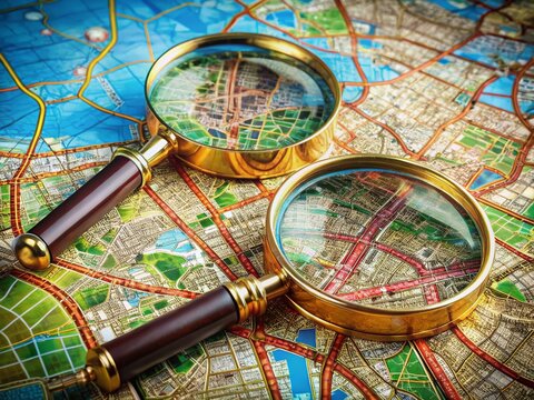 Magnifying the Metropolis: Two elegant magnifying glasses rest atop a detailed urban map, focusing on the intricate network of streets and infrastructure.