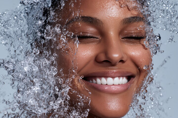 A woman experiences pure joy while water splashes around her, highlighting her radiant smile and vibrant energy during a refreshing moment