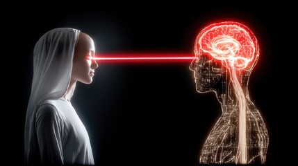 Conceptual side view of woman in white projecting red laser into digital brain of cyborg on black background ideal for AI-themed editorial visuals and future technology metaphors