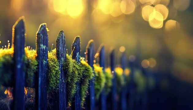 Enchanting view of an old moss-covered fence bathed in soft golden sunlight - Powered by Adobe