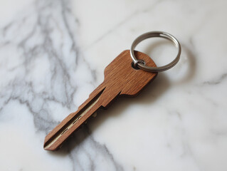 A single key on a wooden keyring placed on a surface
