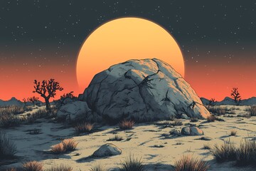 Fototapeta premium Stunning Desert Landscape Illustration with Vibrant Sunset and Starry Sky. Artistic Minimalism in Nature with Cactus Silhouettes and Weathered Boulders