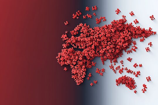World Map Made Of Red Puzzle Pieces Scattered on Gradient Background with Shadows